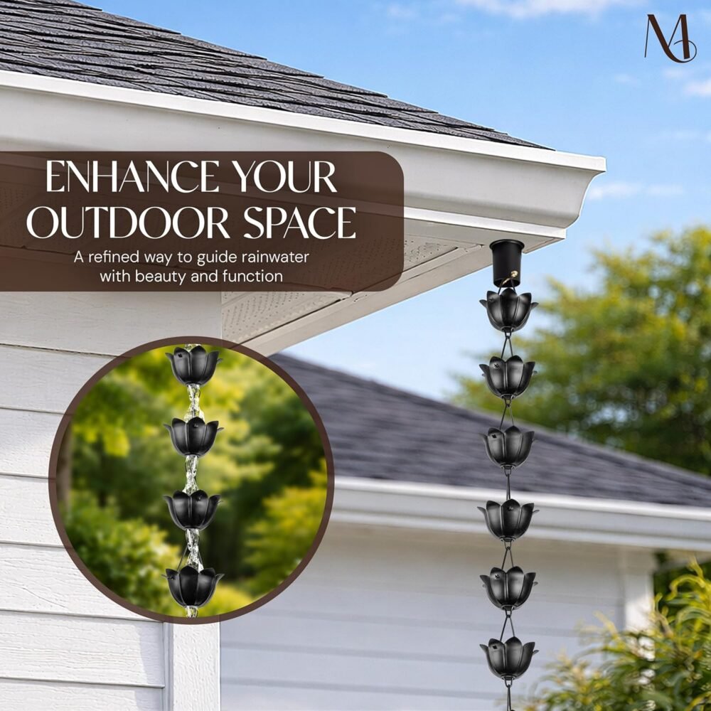 Black Aluminum Rain Chain – 8.5ft Lotus-Style Decorative Outdoor Gutter Downspout, Heavy Duty & Durable | Limited Units