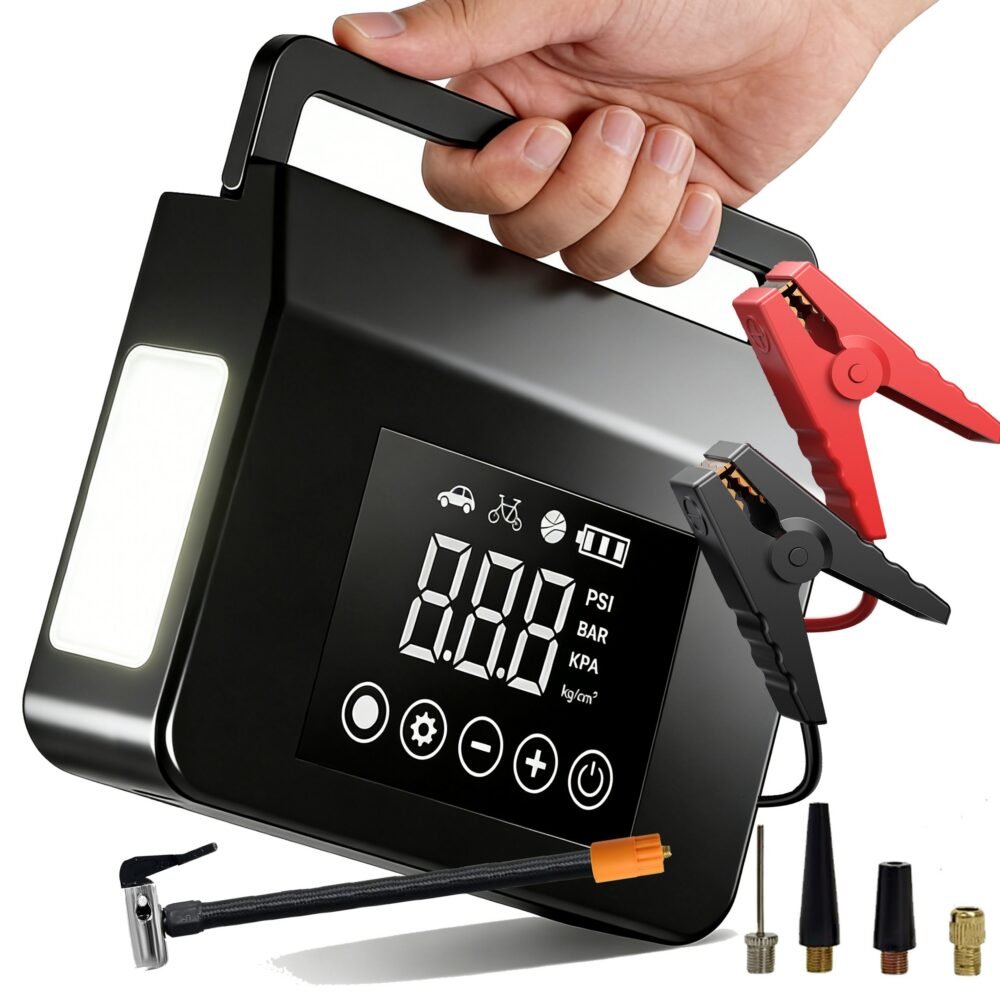12V Car Jump Starter Kit – 4000A Peak, Portable 15000mAh Battery with Air Compressor & Tire Inflator for Emergencies