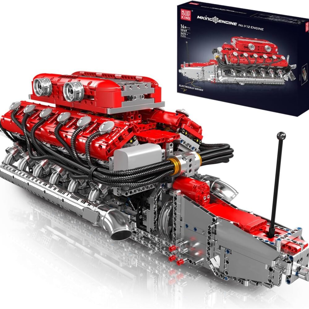 Motorized V12 Engine Model Kit – 3472+ PCS DIY Building Blocks, Working Mini Engine with Battery & Gearshift, STEM Engineering Toy for Adults