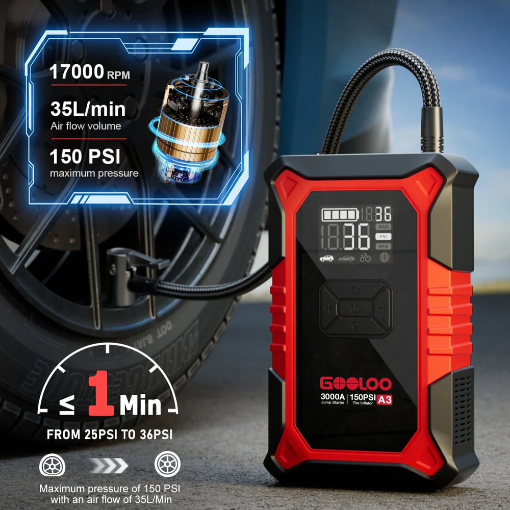 3000A Jump Starter w/ Air Compressor – Portable Car Battery Booster & Tire Inflator | Emergency Power | Limited Units - Image 3